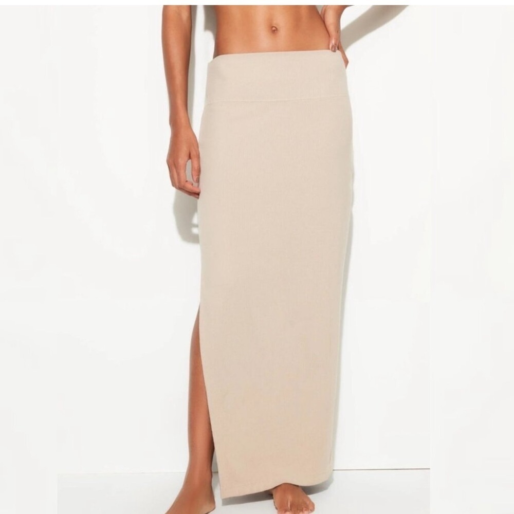 New Spiritual Gangster XL Raquel Rib Maxi Slit Skirt Tan/Palo Santo